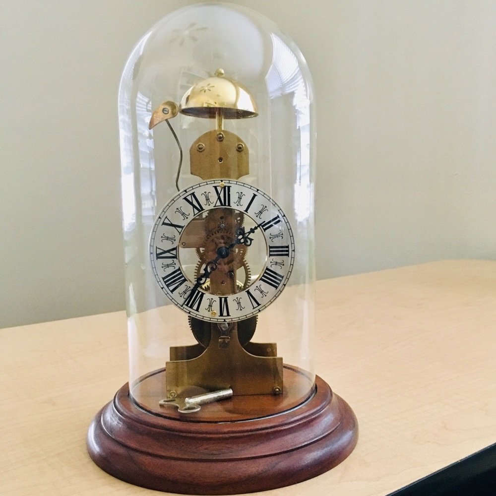 Vintage Kieninger Glass Dome Chime Mantle Top Clock Manual Wind Cherry Base